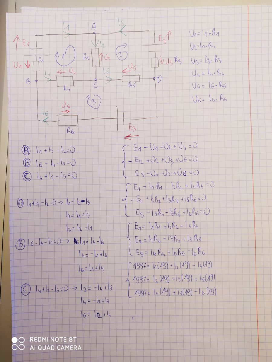 Rozwiązano Obliczanie obwodu elektrycznego metodą klasyczną 3 oczka