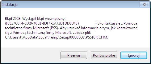 Przy próbie instalacji Microsoft Office występuje błąd 2908.