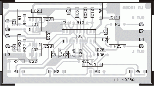 Układ i wykaz elementów do przedwzmacniacza na LM1036 schemat płytki