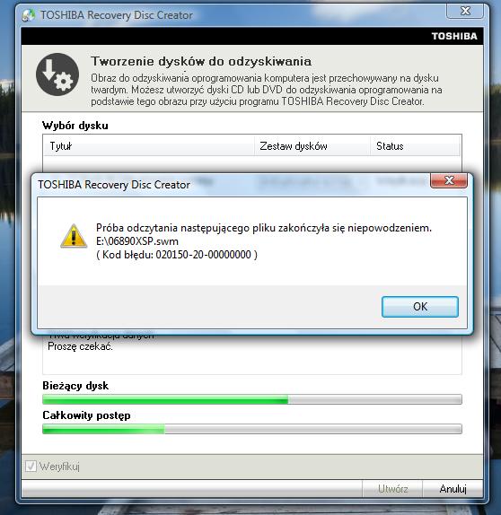 blad przy wypalaniu toshiba recovery disk - toshiba a300