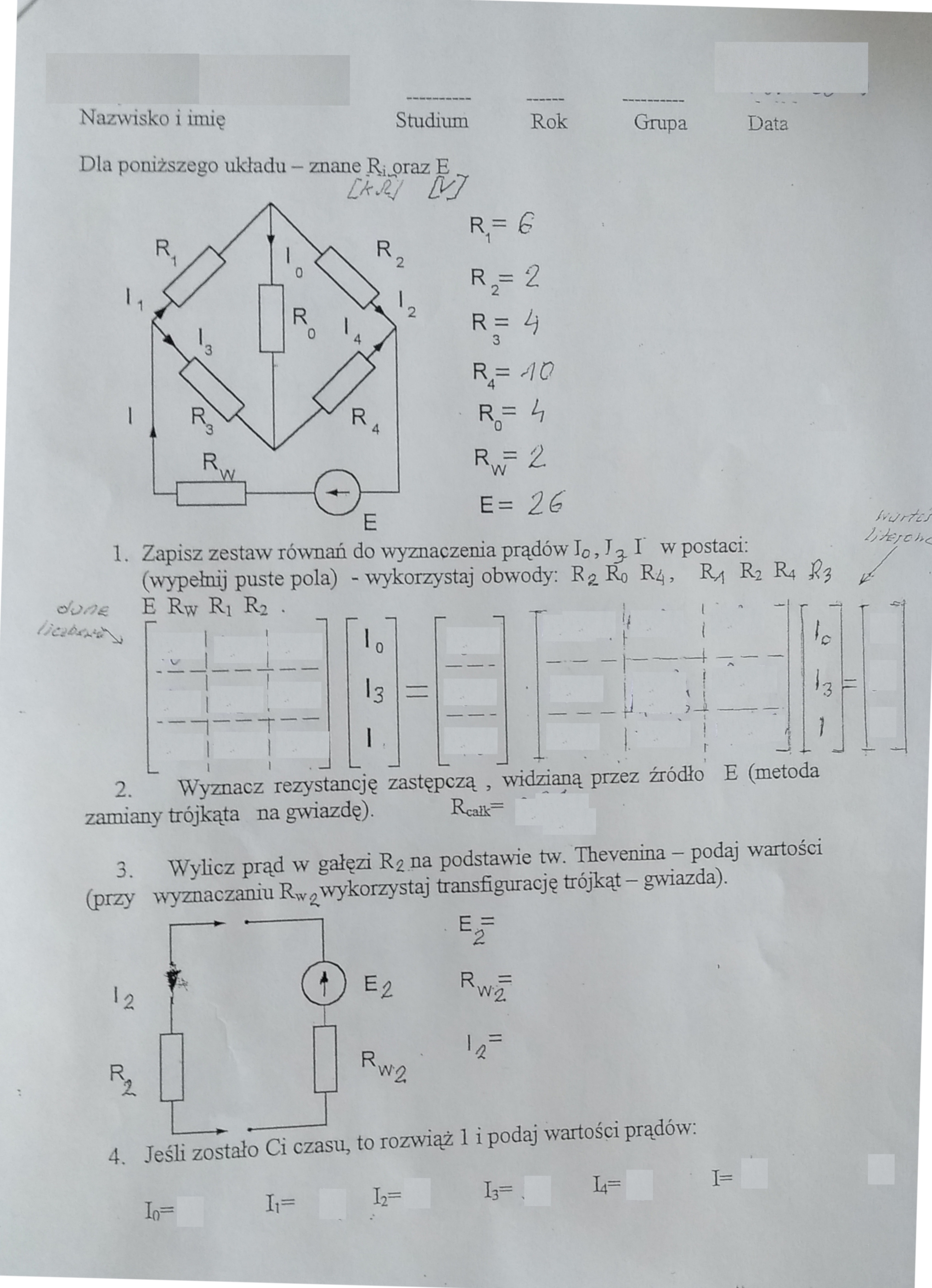 Zadania z teorii obwodów macierze Thevenin etc