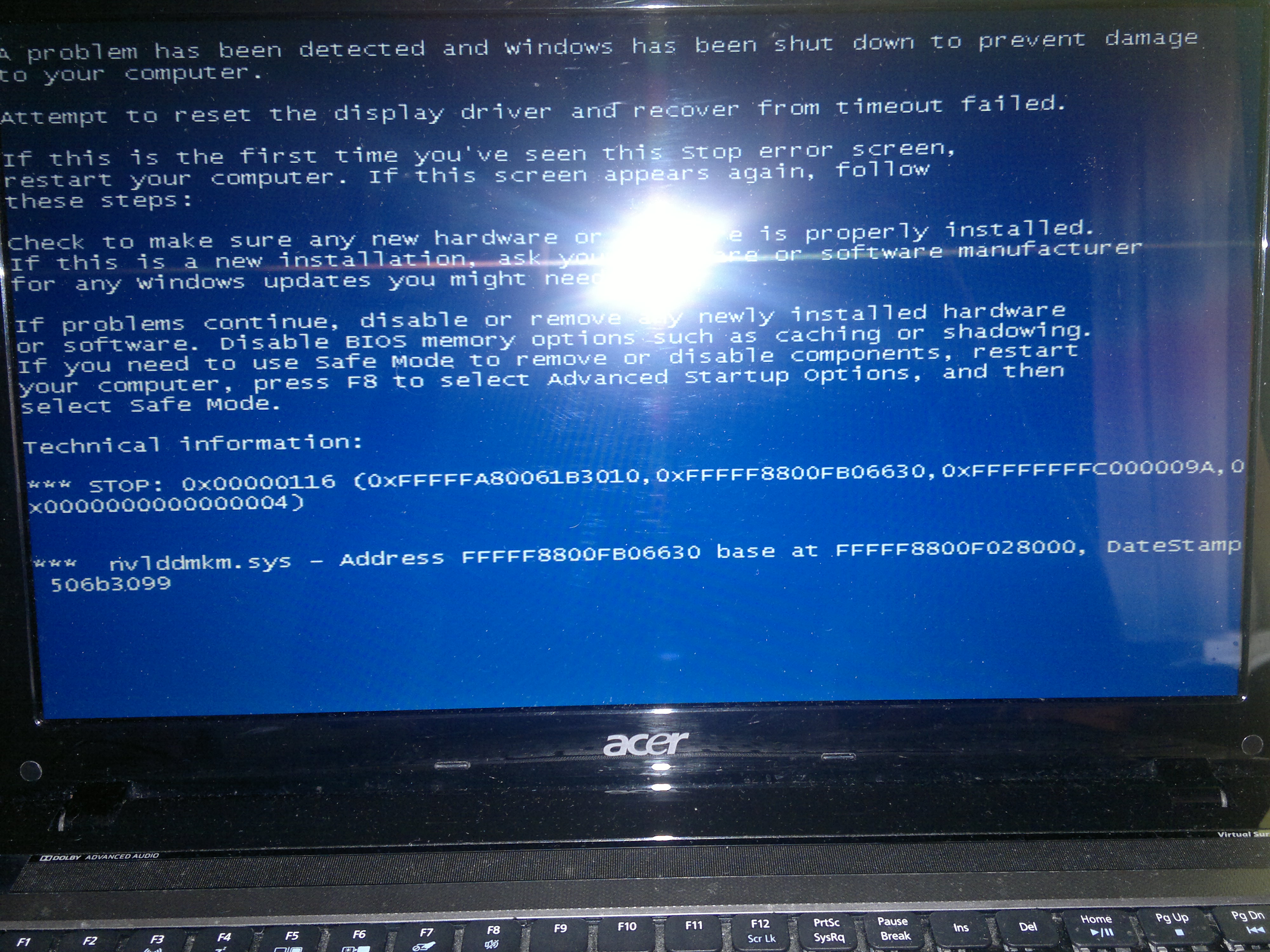 Acer Aspire 5750G - Blue screen 0x00000116 / nvlddmkm.sys