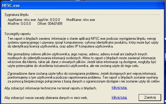 NFS Carbon - błąd przy uruchomieniu gry. Offset 004d7d99.