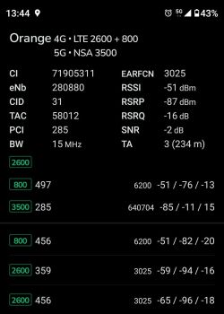 Zrzut ekranu z aplikacji pokazującej parametry sieci Orange 4G LTE i 5G oraz wartości sygnału