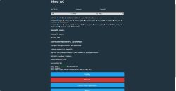 Shed AC control panel with air conditioning settings and system status