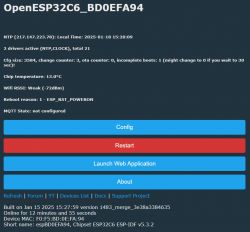 Screenshot of the user interface for the OpenESP32C6_BD0EFA94 device displaying system status information and configuration options.
