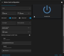Screenshot of button card configuration in Home Assistant for turning on Yamaha amplifier.