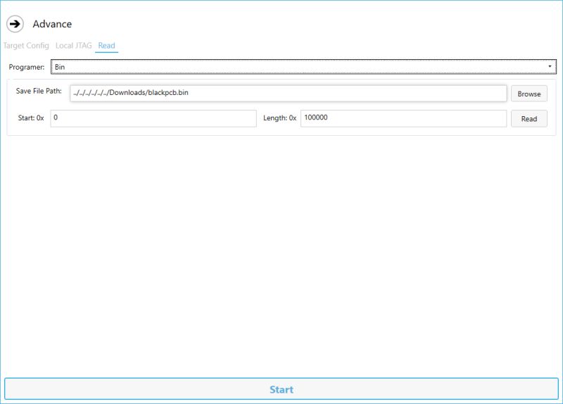 JTAG Memory Reading Program Interface Screenshot of a program window for memory reading via JTAG with read mode and binary file path selected.