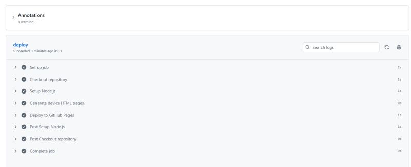 View of completed GitHub Actions job showing step list and execution times