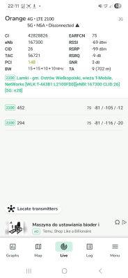 Zrzut ekranu z aplikacji pokazującej dane sieci LTE 2100 Orange z lokalizacji w Lamkach.