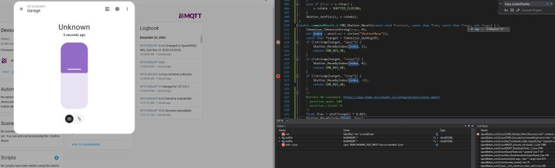 Garage device UI showing unknown status, with Visual Studio debugger on the right