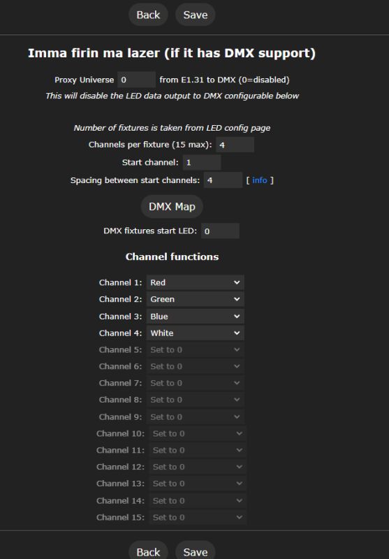 WLED DMX settings interface with RGBW channel setup and DMX Map configuration