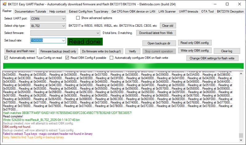 Screenshot of BK7231 Easy UART Flasher with memory read completed