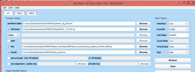 Screenshot of BLDevCube 1.8.0 showing selected firmware files and UART settings (COM8)