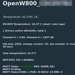 Screenshot of the OpenW800 interface displaying a temperature of 16.37°C and details about DS1820 status, channels, and MQTT connection.
