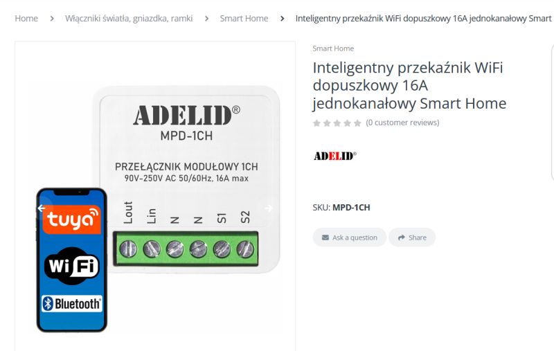 WiFi module switch Adelid MPD-1CH with Tuya app shown on a smartphone