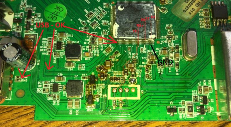 Close-up of PCB with marked TX, RX, GND pins and USB signal lines.