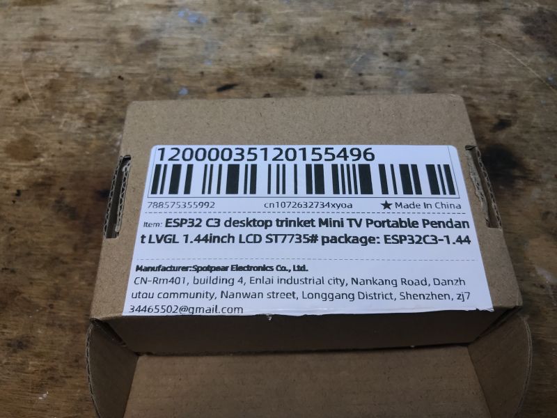 Packaging of ESP32 C3 Mini TV with Display Box with label of ESP32 C3 module with display