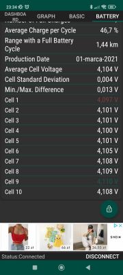 Zrzut ekranu pokazujący szczegóły baterii hulajnogi.