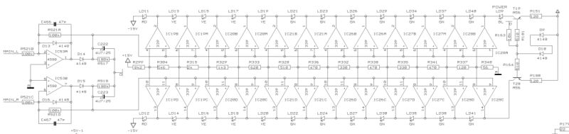 Schematic diagram of an audio level meter circuit with operational amplifiers and 12-step LED indicators.