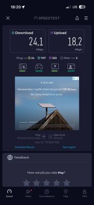 Zrzut ekranu Speedtest na iPhonie: 24,1 Mb/s pobieranie i 18,2 Mb/s wysyłanie