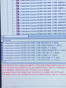 Zrzut ekranu przedstawiający zależności DLL z błędami w programie Dependency Walker.
