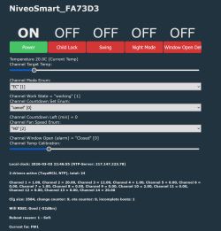 “NiveoSmart_FA73D3” control panel with Power, Child Lock, Swing, Night Mode buttons and 20.0°C temperature readout