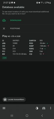 Zrzut ekranu z aplikacji pokazujący dane sygnału Play 4G LTE-A.