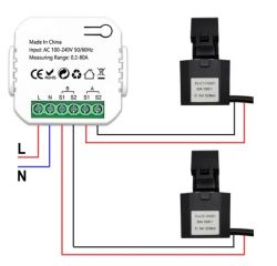 Diagram showing the connection of a Chinese power meter with connectors and two current sensors.