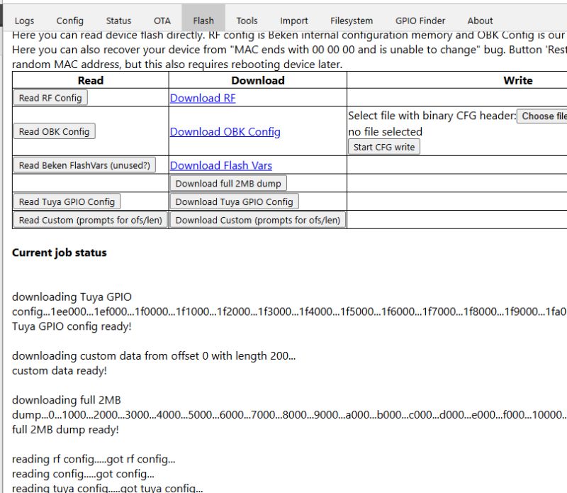Configuration tool UI with buttons for reading and downloading flash configuration data