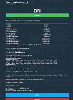 Screenshot of the control panel for device Test_utitnica_2 displaying various statistics and statuses.