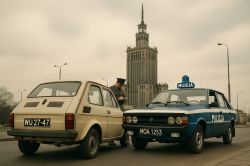 A policeman writes a ticket next to a yellow Fiat 126p and a blue police car, with the Palace of Culture and Science in Warsaw in the background.