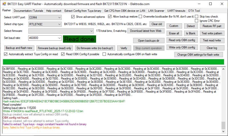 Screenshot of BK7231 Easy UART Flasher software showing Read done message