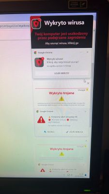 Powiadomienia o wykryciu wirusa na ekranie Chrome