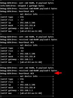 Screenshot of “Debug:GENreo” logs and a “net device info” table with a red arrow.