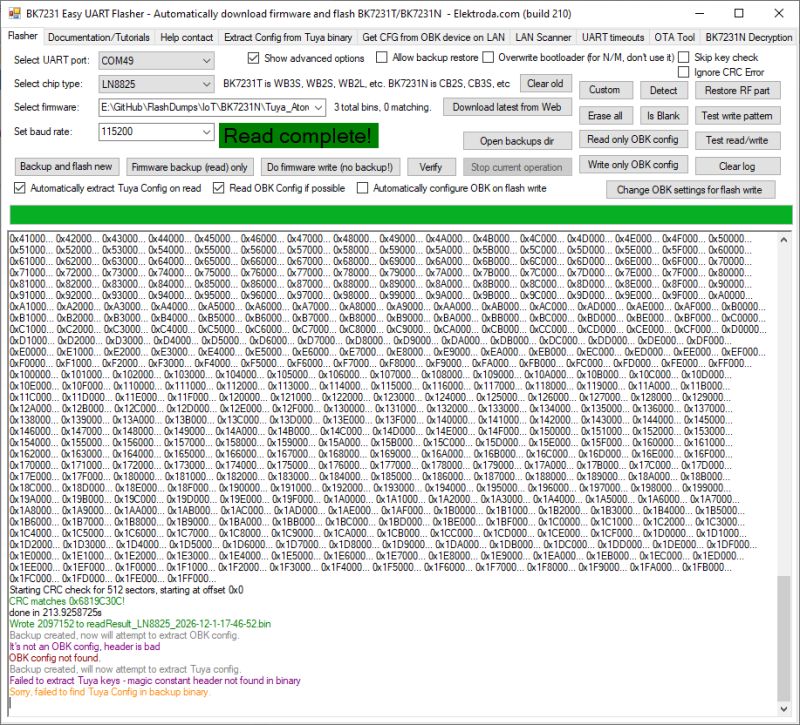 Screenshot of BK7231 Easy UART Flasher with Read complete! on green background