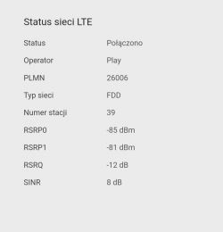 Zrzut ekranu statusu sieci LTE z operatora Play, pokazujący różne parametry połączenia.