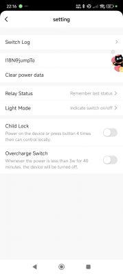 Tuya App Settings for Smart Plug Screenshot of the Tuya app showing settings for a smart plug with options like switch log, language, clear power data, relay status, light mode, child lock, and overcharge switch.