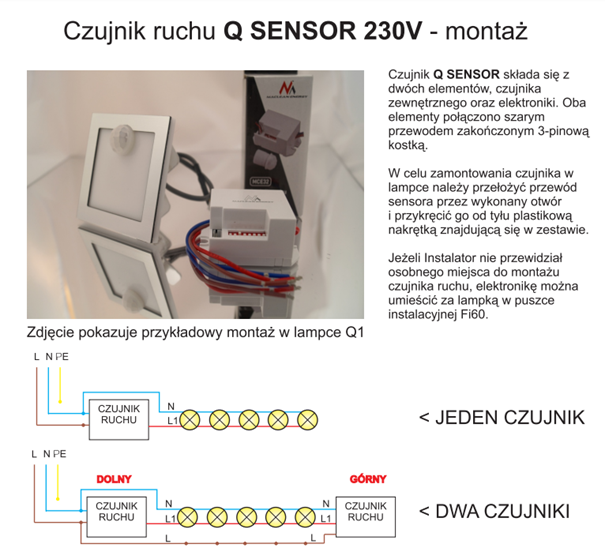 Schemat instalacji oświetlenia podłogowego z 2 czujnikami ruchu i