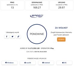 Wynik testu prędkości internetu z sieci Play: 169,27 Mb/s pobierania, 29,97 Mb/s wysyłania