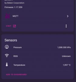 User interface displaying sensor information: pressure, RSSI, and temperature.