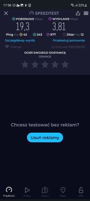 Zrzut ekranu z wynikami testu prędkości internetu pokazujący prędkość pobierania 19,3 Mb/s.