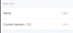 Screenshot showing device information with the name Light and current firmware version 1.1.1, offering an update to 1.5.0.