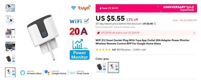 Tuya WiFi Smart Plug with Power Monitoring Advertisement for Tuya WiFi smart plug with power monitoring, available for $5.55.