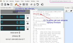 Zrzut ekranu programu Universal Gcode Sender z zaznaczeniem przycisku połączenia i miejsca wyświetlania wersji firmware GRBL.