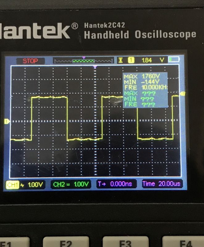 10 kHz Square Wave on Hantek2C42 Oscilloscope Oscilloscope screen showing 10 kHz square wave up to 1.76 V