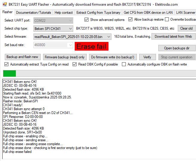 BK7231 Easy UART Flasher showing Erase fail error with memory erase attempt log