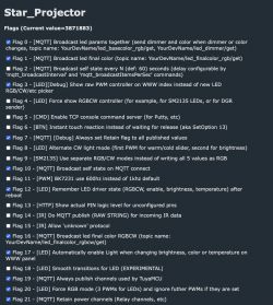 Configuration options list for a star projector with various setting flags.