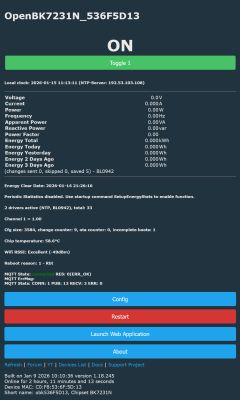 Control panel of OpenBK7231N device showing status and energy readings