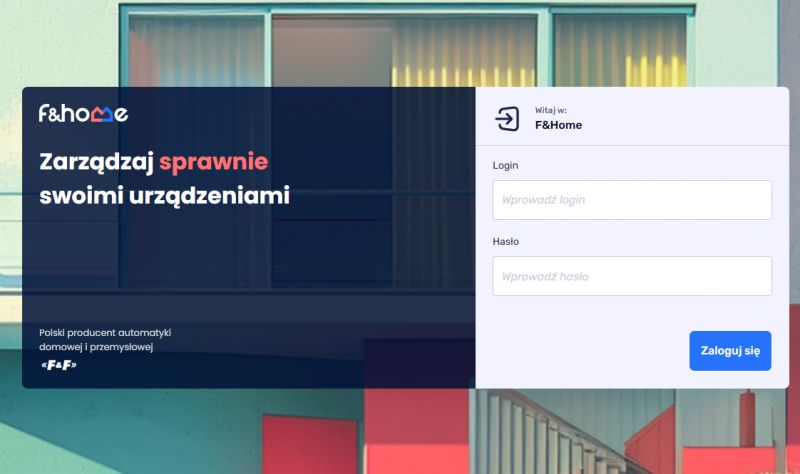 Login screen for the F&amp;Home system with login and password fields.